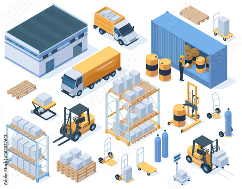 Isometric storage buildings, cargo trucks and warehouse workers. Industrial warehouse equipment, logistic delivery service vector illustration set. Warehouse storage elements