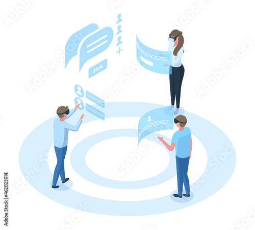 Isometric people virtual reality communication simulation technology. Characters wearing headsets chatting use virtual reality vector illustration. Augmented reality concept