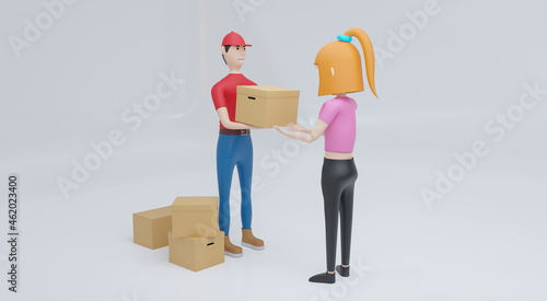 3d rendering young woman receiving parcel from delivery service courier.delivery concept.