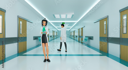 3d rendering female doctor using her digital tablet in the consultation on hospital background.