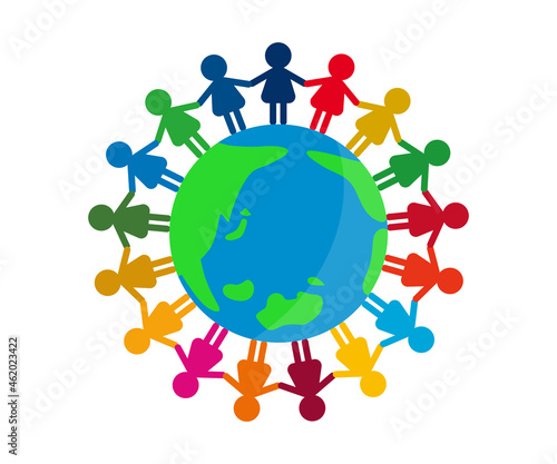 Icon of people holding hands around the world inspired by SDGs. Vector illustration isolated on white background.