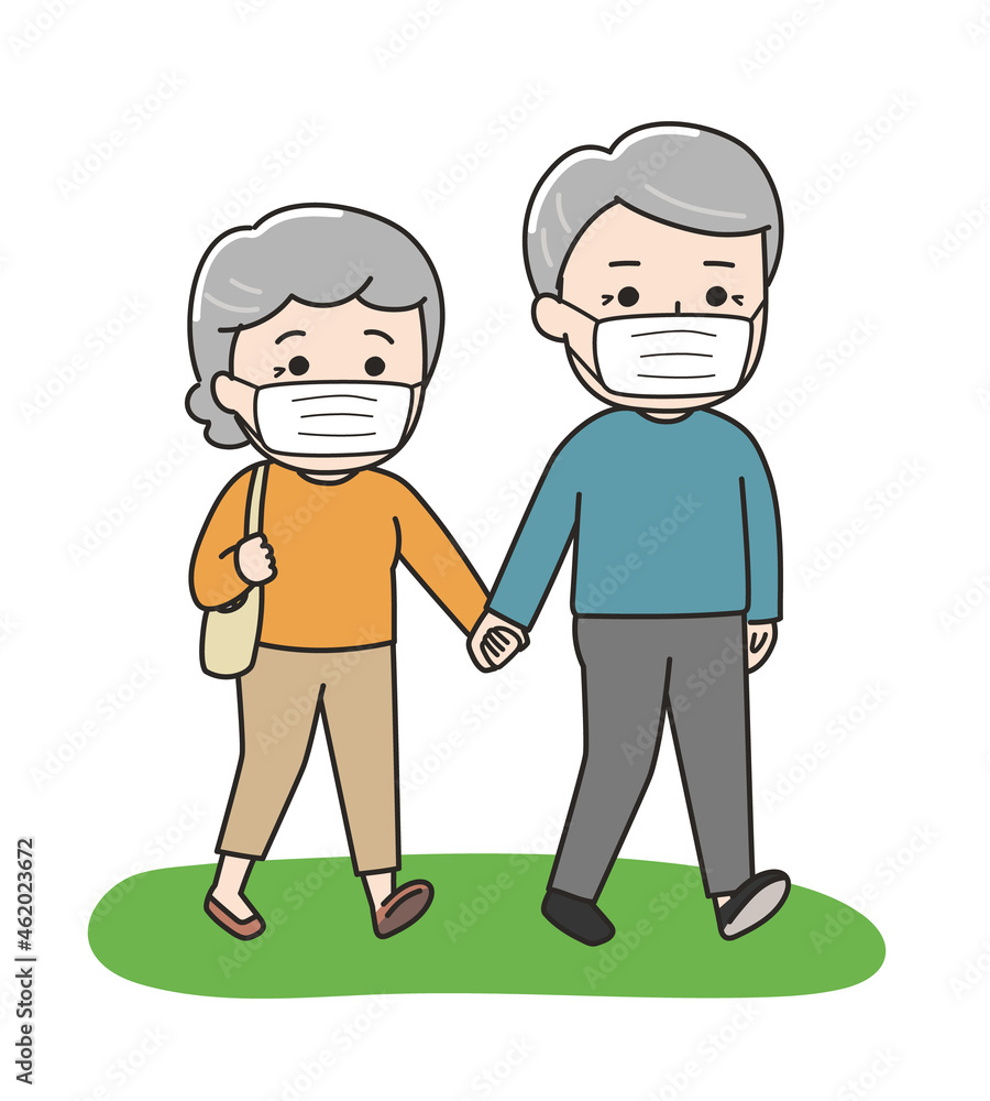 The elderly couple with a mask goes traveling hand in hand. Vector illustration on a white background. The elderly couple with a mask goes traveling hand in hand. Vector illustration on a white background.