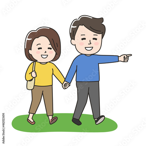 The couple happily goes traveling hand in hand. Vector illustration on a white background.