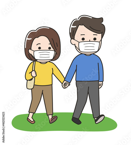 The couple goes traveling hand in hand. Vector illustration on a white background. / ゴートラベルに出かけるマスクをしたカップル