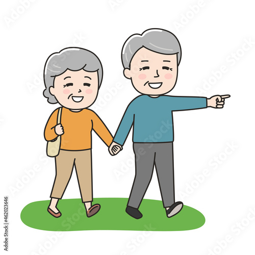 The elderly couple happily goes traveling hand in hand. Vector illustration on a white background.