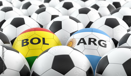 Argentina vs. Bolivia Soccer Match - Leather balls in Argentina and Bolivia national colors. 3D Rendering 