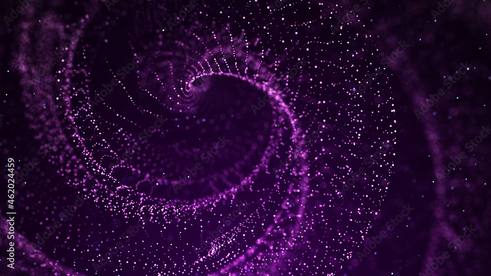 Abstract particle vortex. Futuristic dynamic wave moving in space. Illustration with explosion of data. 3d rendering.