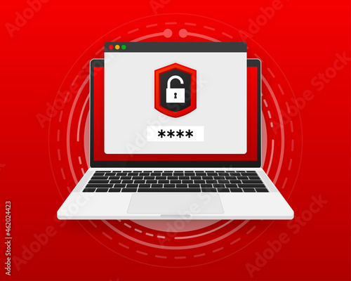 Data protection concept on the computer screen. Credit card verification and software access data as confidential. Vector illustration.