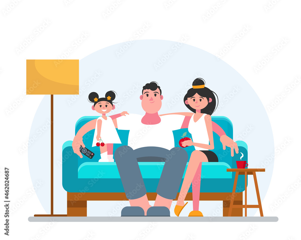 Happy family watching tv while sitting on the sofa in the living room. Dad, mom and daughter. Vector illustration in flat style.