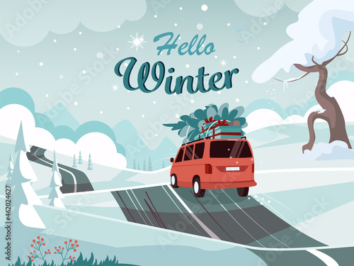 Beautiful winter landscape. Landscape with a cute van on the road with christmas tree and gifts. Xmas concept. Vector illustration in flat style.