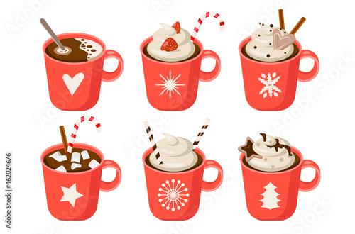 Christmas holiday coffee mug. Cocoa with marshmallows, winter warming drinks and hot espresso cup. Xmas hot chocolate red mugs or winter cappuccino and latte cups. Isolated vector illustration set