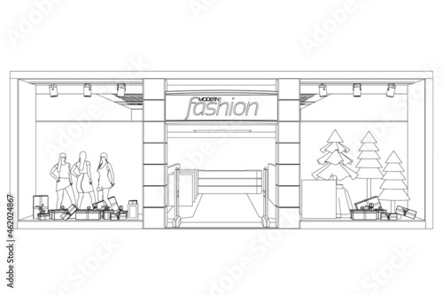 The outline of a store with showcases. Clothing store with mannequins. Front view. Vector illustration