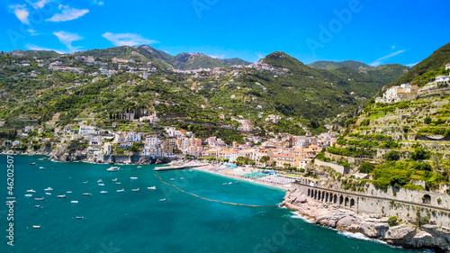 Fototapeta Naklejka Na Ścianę i Meble -  Amazing aerial view of Maiori and Minori along Amalfi Coast in summer season, Italy. Drone viewpoint