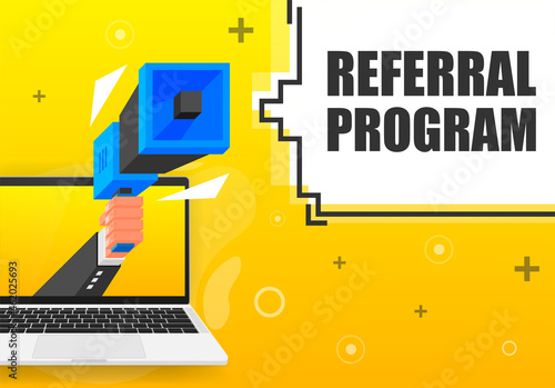 Referral Program banner template. Marketing flyer with megaphone. Isometric and pixel style. Template for retail promotion and announcement. Vector illustration.