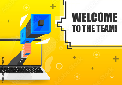 Welcome to the Team banner template. Marketing flyer with megaphone. Isometric and pixel style. Template for retail promotion and announcement. Vector illustration.