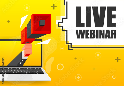 Live Webinar banner template. Marketing flyer with megaphone. Isometric and pixel style. Template for retail promotion and announcement. Vector illustration.