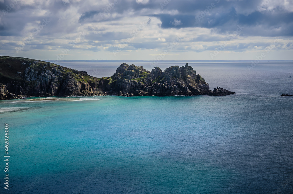 Beautiful sea scenery at Minack Theatre on a sunny day in Cornwall, Porthcurno, England 