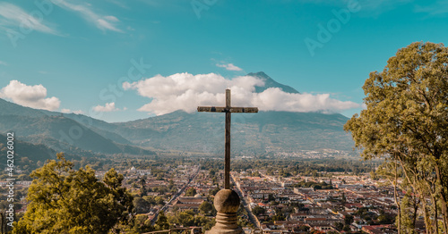 Konstfotografi Panoramic aerial sunrise view of the city of Antigua, Guatemala with Agua Volcan