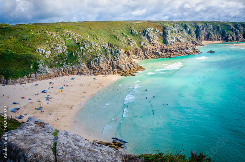Beautiful sea scenery at Minack Theatre on a sunny day in Cornwall, Porthcurno, England 