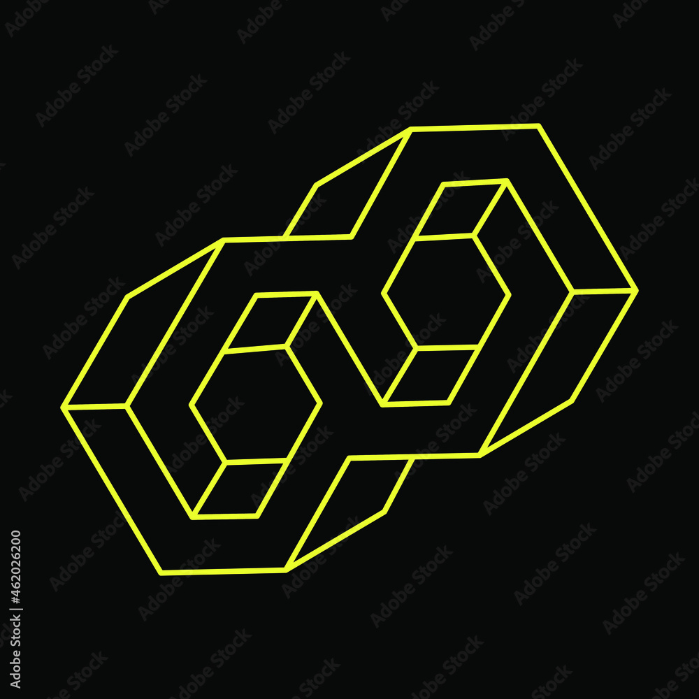 Escher style. Impossible shapes. Optical illusion. Abstract eternal geometric object. Impossible endless outline. Impossible geometry symbol on a black background. Optical art. Escher style. Impossible shapes. Optical illusion. Abstract eternal geometric object. Impossible endless outline. Impossible geometry symbol on a black background. Optical art.