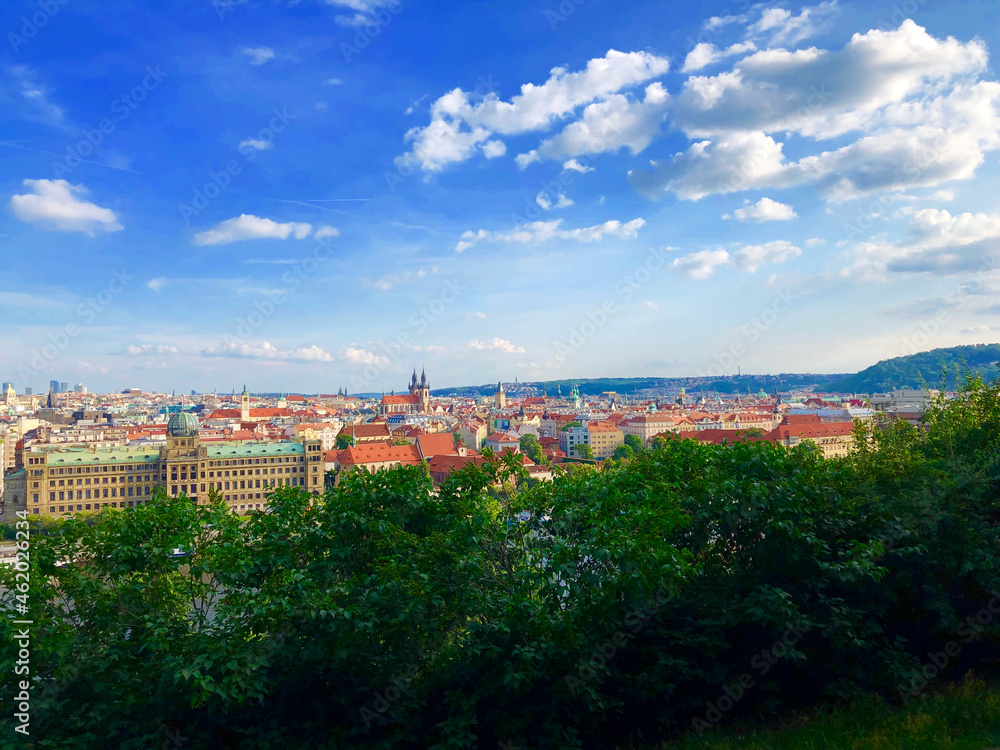 Panoramic view of Prague beyond the trees