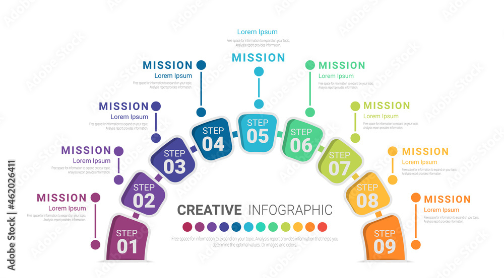 Half circle Infographic elements design with 9 options or steps. Infographics for business concept. Can be used for presentations banner, workflow layout, process diagram, flow chart, info graph