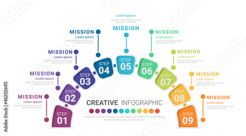 Half circle Infographic elements design with 9 options or steps. Infographics for business concept. Can be used for presentations banner, workflow layout, process diagram, flow chart, info graph