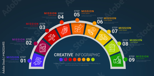 Half circle Infographic elements design with 9 options or steps. Infographics for business concept. Can be used for presentations banner, workflow layout, process diagram, flow chart, info graph