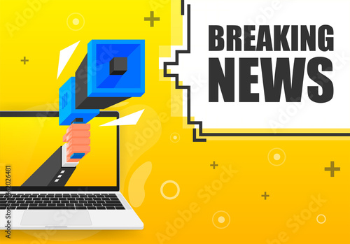 Breaking News banner template. Marketing flyer with megaphone. Isometric and pixel style. Template for retail promotion and announcement. Vector illustration.