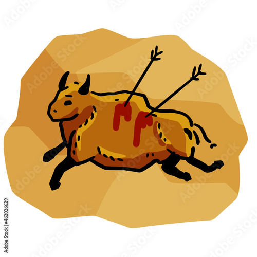 Rock art. Scene of bull hunt. Primitive life. Drawing in a cave. Animal wounded by spear or arrow. Sketch cartoon illustration