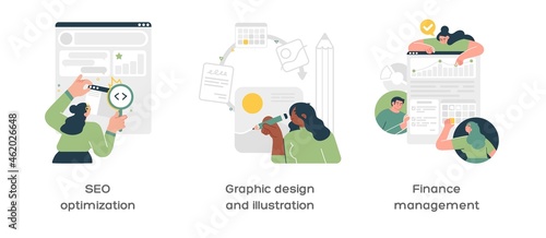 Creative business abstract concept vector illustration set. Seo optimization, Graphic design and illustration, Finance management abstract metaphor