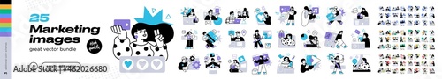 Social Media Marketing illustrations. Mega set. Collection of scenes with men and women taking part in business activities. Trendy vector style