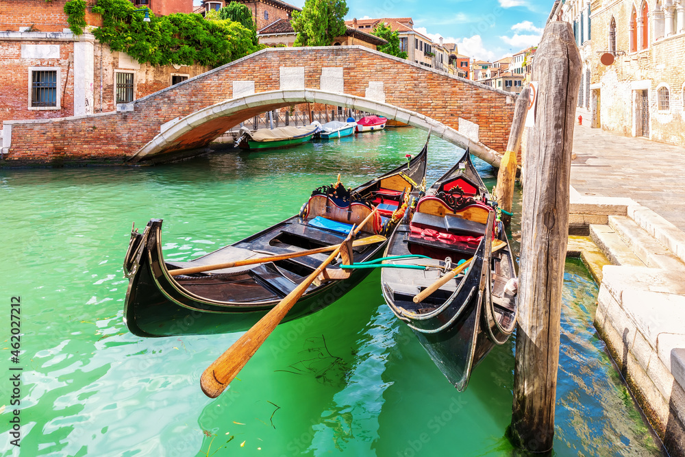Gondolas moored in the Grand Canal of Venice, Italy