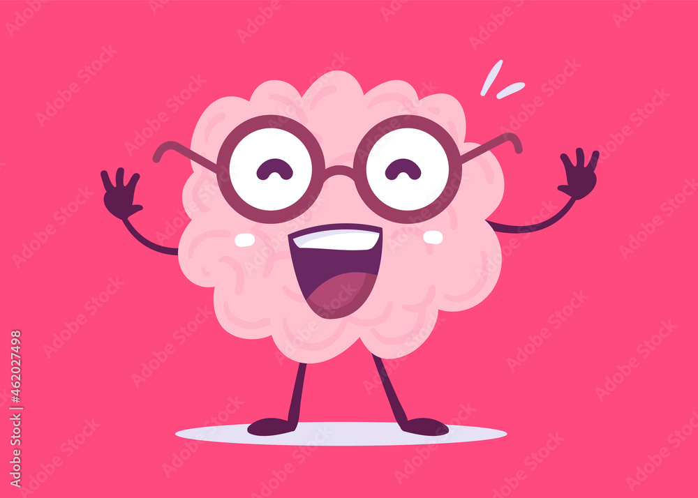 Vector Creative Illustration of Happy Pink Human Brain Character with Open Mouth Smile on Color Background. Flat Doodle Style Knowledge Concept Design of Happy Brain in Glasses