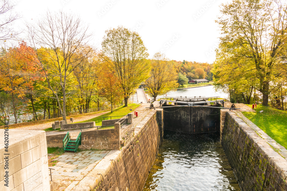 The Jones Falls Locks on the Rideau Canal between Kingston and Ottawa, a heritage water way in Ontario Canada. Shot in October. The Jones Falls Locks on the Rideau Canal between Kingston and Ottawa, a heritage water way in Ontario Canada. Shot in October.