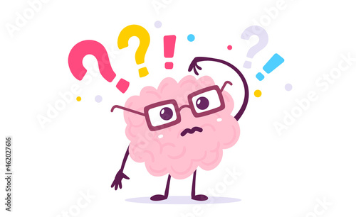 Vector Creative Illustration of Think Pink Human Brain Character with Question Marks on White Color Background. Flat Doodle Style Knowledge Concept Design of Emotional Brain in Glasses