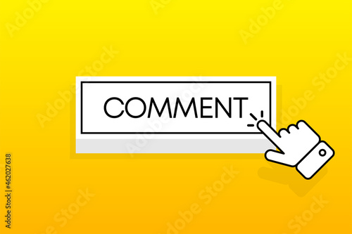 White 3D button with the inscription Comment, isolated on a yellow background. Mouse cursor. Simple design. Vector illustration.