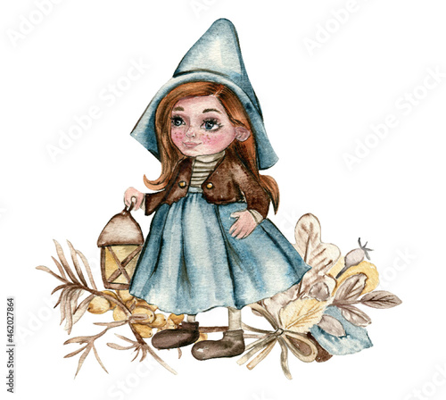Watercolor gnome with sea buckthorn