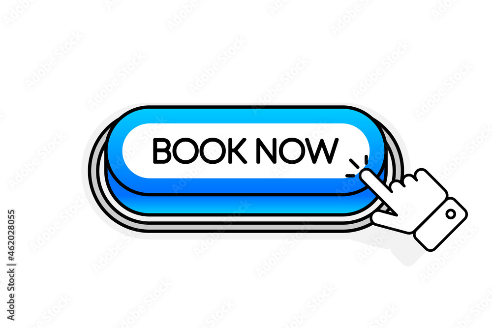 Blue 3D button with the inscription Book Now, isolated on a white background. Mouse cursor. Linear design. Vector illustration. Blue 3D button with the inscription Book Now, isolated on a white background. Mouse cursor. Linear design. Vector illustration.