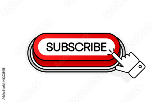 Red 3D button with the inscription Subscribe, isolated on a white background. Mouse cursor. Linear design. Vector illustration.