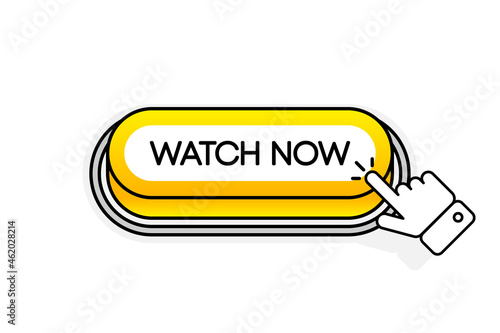 Yellow 3D button with the inscription Watch Now, isolated on a white background. Mouse cursor. Linear design. Vector illustration.