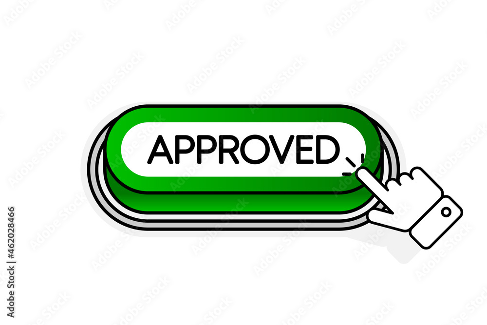 Green 3D button with the inscription Approved, isolated on a white background. Mouse cursor. Linear design. Vector illustration. Green 3D button with the inscription Approved, isolated on a white background. Mouse cursor. Linear design. Vector illustration.