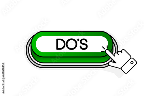Green 3D button with the inscription Dos, isolated on a white background. Mouse cursor. Linear design. Vector illustration.