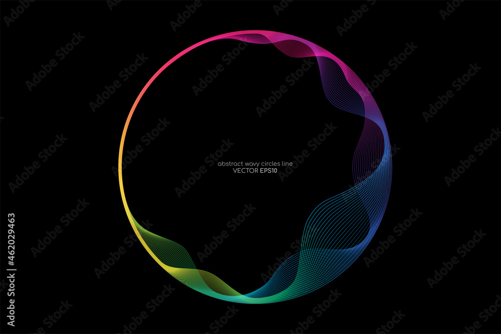 Vector abstract circles lines wavy in round frame colorful light rainbow isolated on black background with empty space for text - obrazy, fototapety, plakaty 