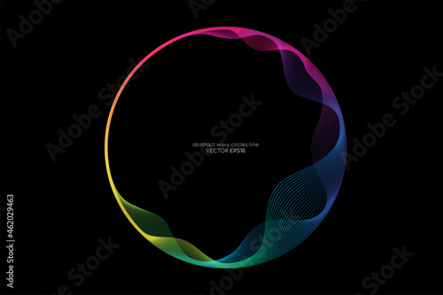 Vector abstract circles lines wavy in round frame colorful light rainbow isolated on black background with empty space for text photo