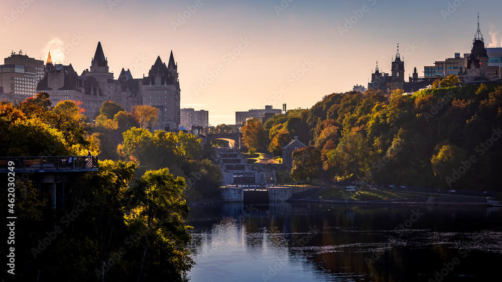 view of the Rideau Canal in Ottawa, in the early morning with the Château Laurier.