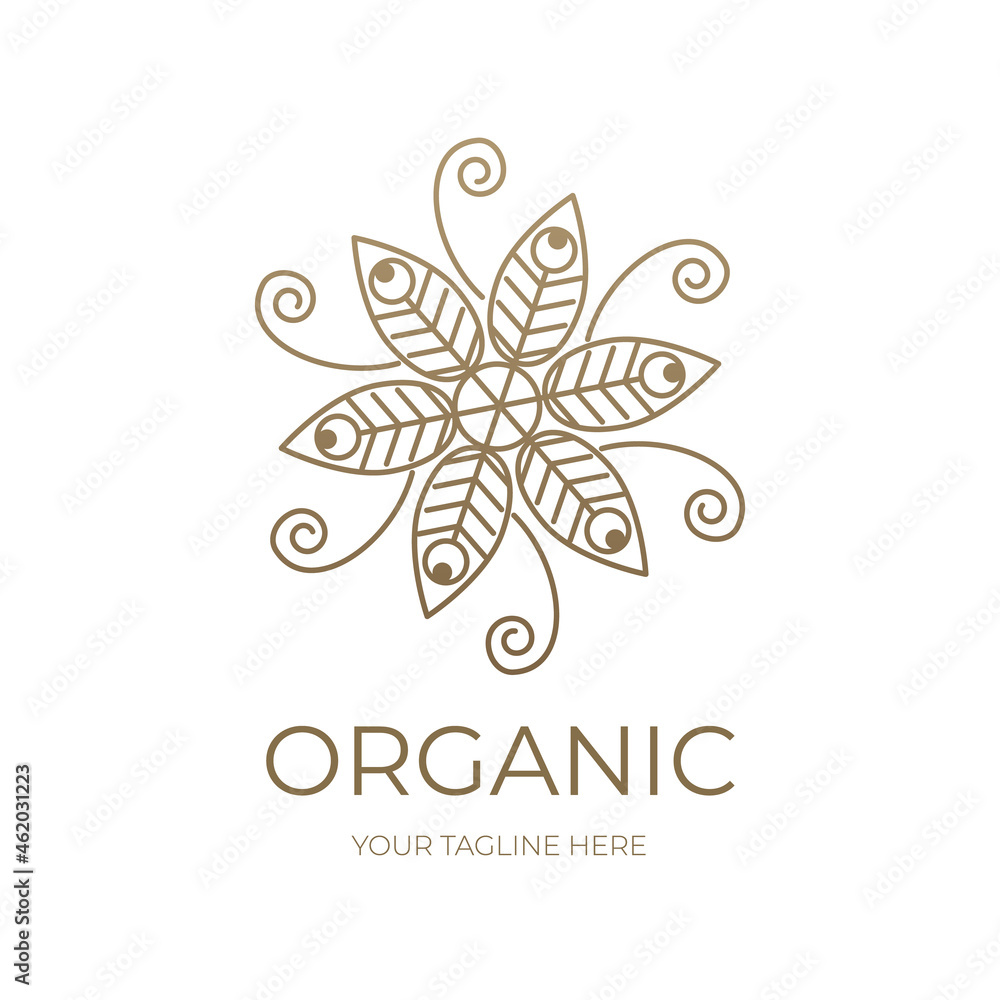 Logo in the form of a flower, natural motives, mandala. Eco emblem, organic, natural green for label, label, packaging, badge or badge of natural food, beverage, cosmetics. Logo in the form of a flower, natural motives, mandala. Eco emblem, organic, natural green for label, label, packaging, badge or badge of natural food, beverage, cosmetics.