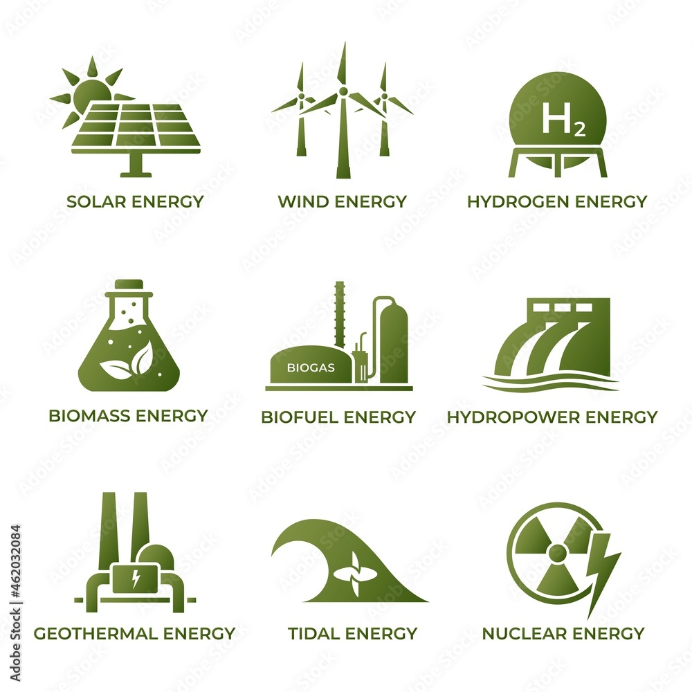 sustainable energy icon set. eco friendly, renewable and alternative power symbols. isolated vector images - obrazy, fototapety, plakaty 
