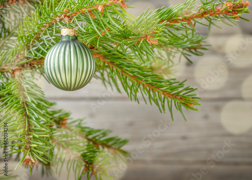 Christmas background with Christmas tree branch and ornament