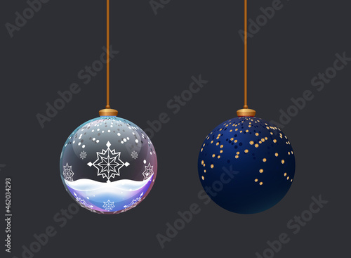 Two beautifull matte and glass balls. Toys for new year celebration. Christmass tree decoration elemenst. Crystall Ball with snowflakes